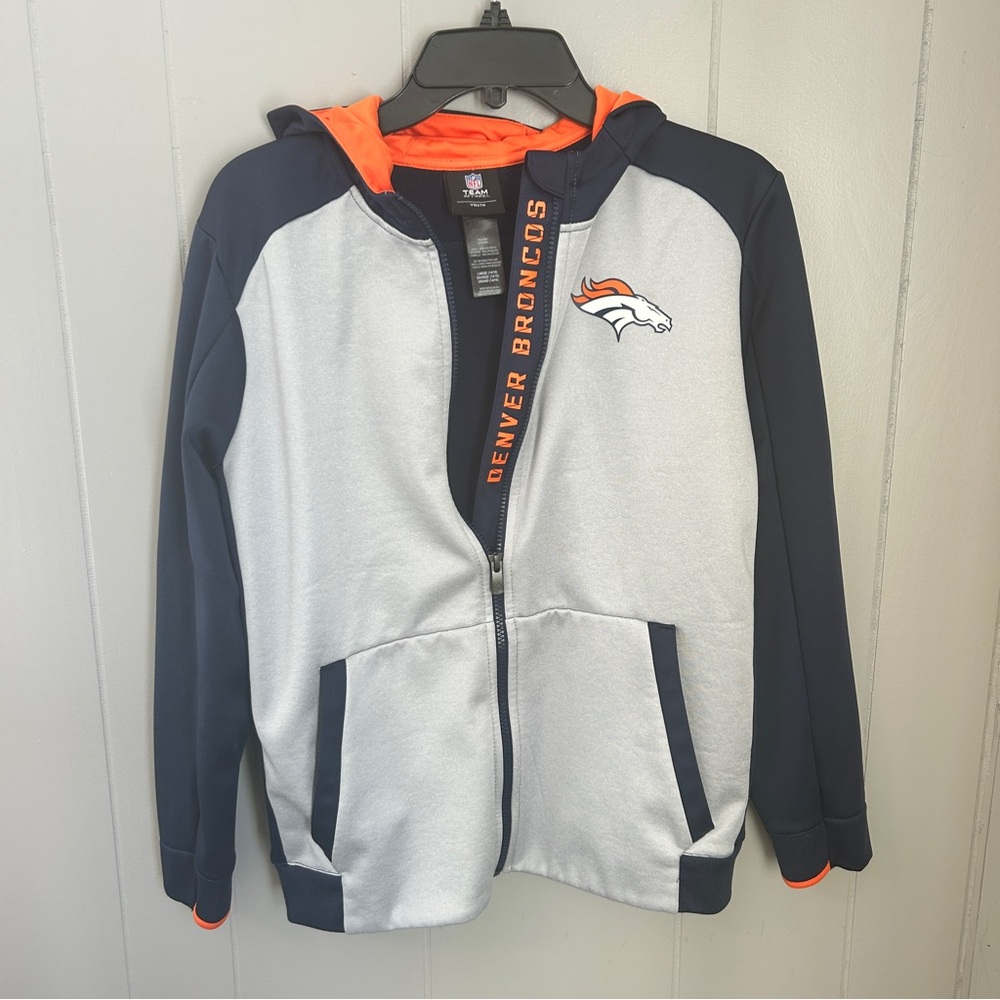 Denver Broncos NFL Zip Up Hoodie Gray, Blue, And Orange Youth Size Large 14/16
